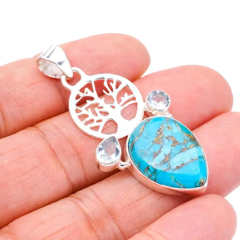 StarGems® Natural Copper Turquoise Blue Topaz TreeHandmade 925 Sterling Silver Pendant 2