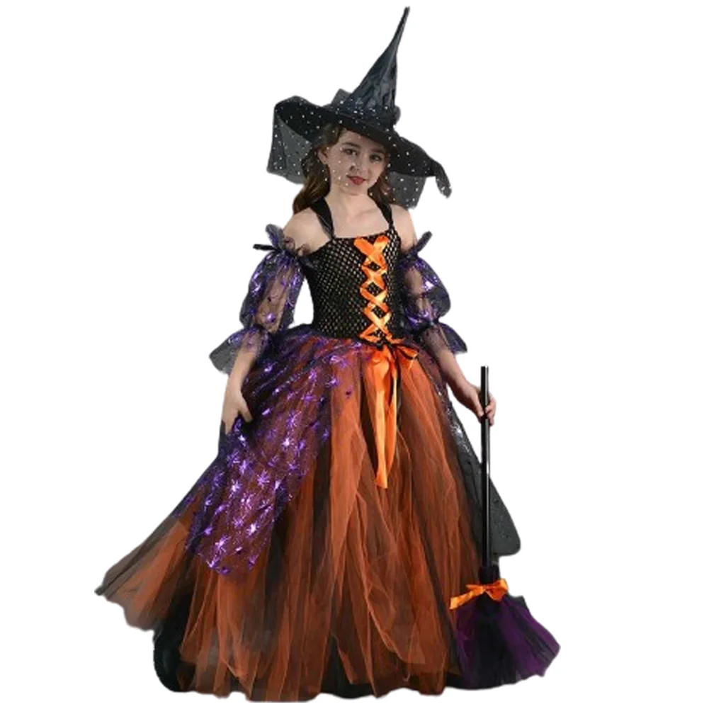 Halloween Witch Cosplay Traje para Meninas, Vestido Infantil, Dança, Performances de Palco Roupas, Chapéu, Vassoura Adereços, Saias Tutu, Terno Criança