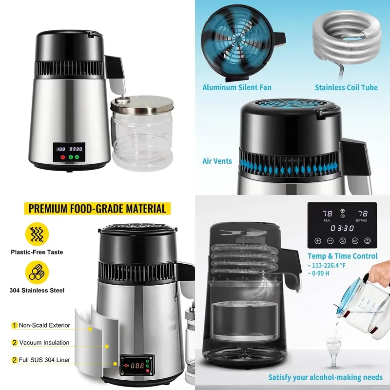 750W 4L Stainless Steel Electric Water Distiller Home Purifier Fast Steam Generator with Free Spare Parts