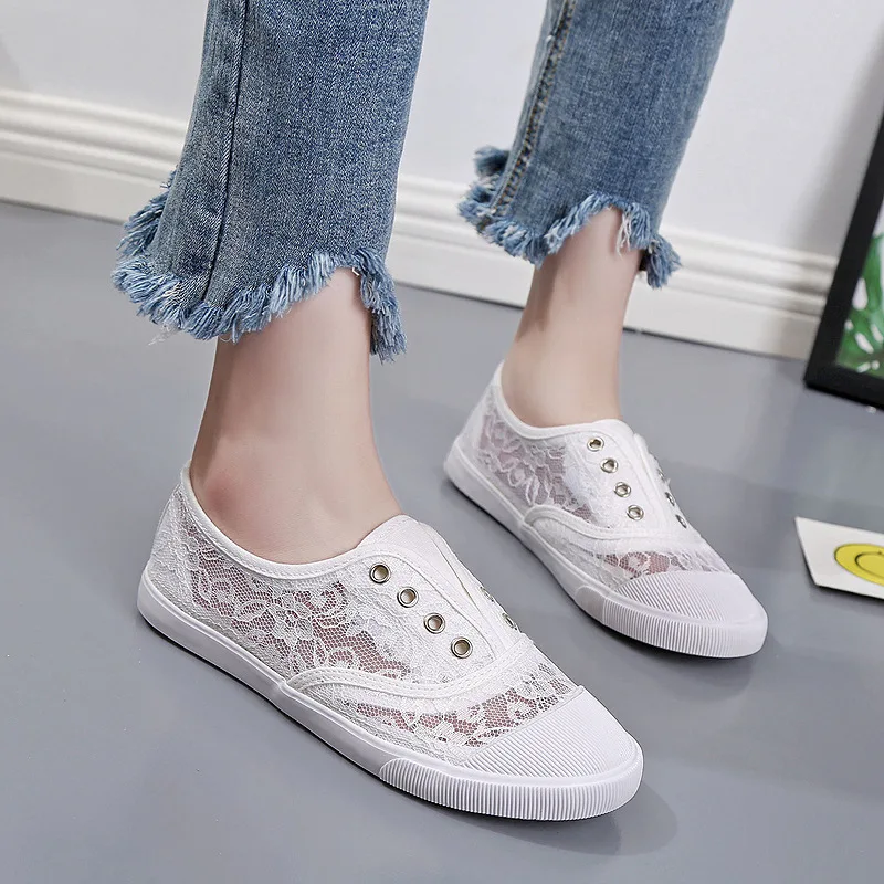 Fashion Lace White Canvas Shoes Women Summer Flats Hollow-Out Breathable Casual Women's Sneakers Slip On Female Loafers WSH5745 - view 4