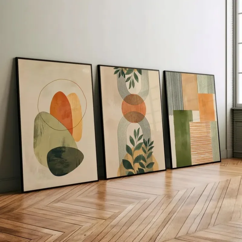3pcs Boho Abstract Tropical Botanical Wall Art Poster or Canvas Print, Geometric Shapes Minimalist Mid Century Modern Wall Art