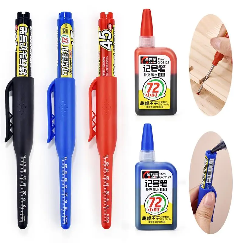 45mm Waterproof Deep Hole Marker Pens Long Nib Head Carpenter Pen Black/Blue/Red Ink For Multi-Purpose Woodworking Hand Tools