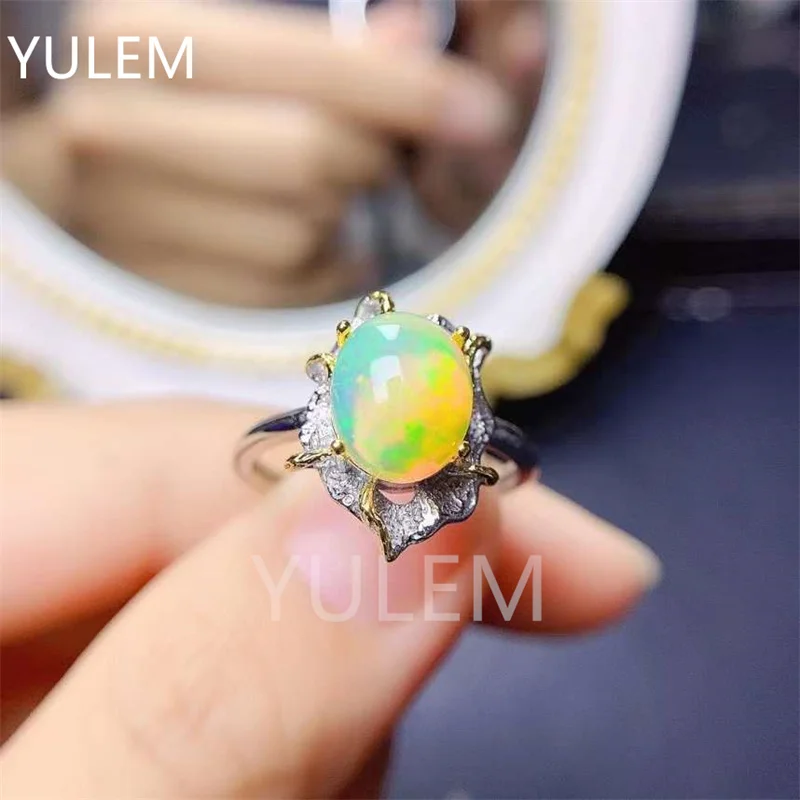 Weiß Gold Überzogene Feuer Natürliche Opal Ringe für Frauen Hochzeit Schmuck Big Oval Regenbogen Birthstone Engagement Ring