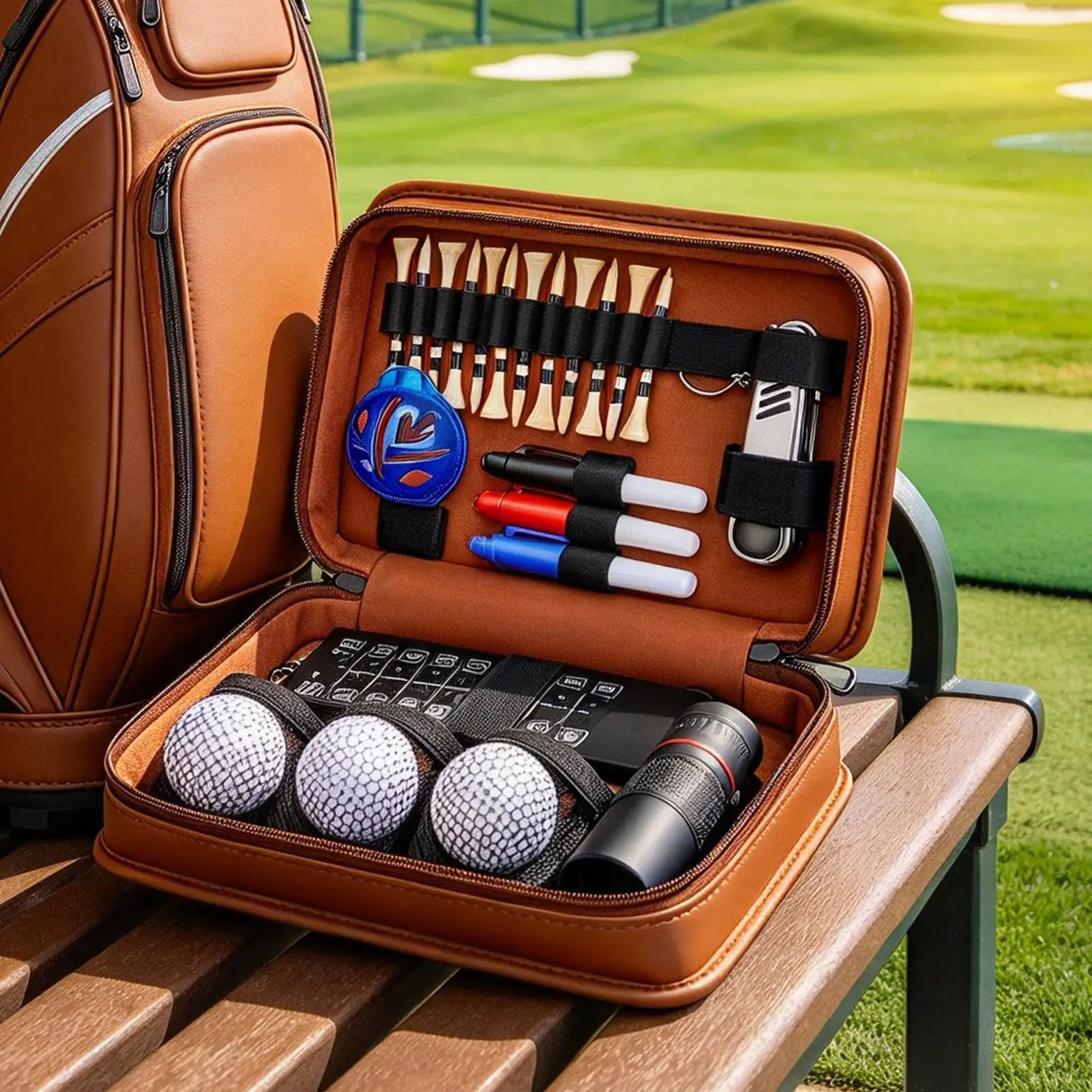 Golf Utility Pouch Zippered Portable PU Leather Tool Ball Organizer Golf Tee Accessories Bag For Fathers Husbands Grandfathers
