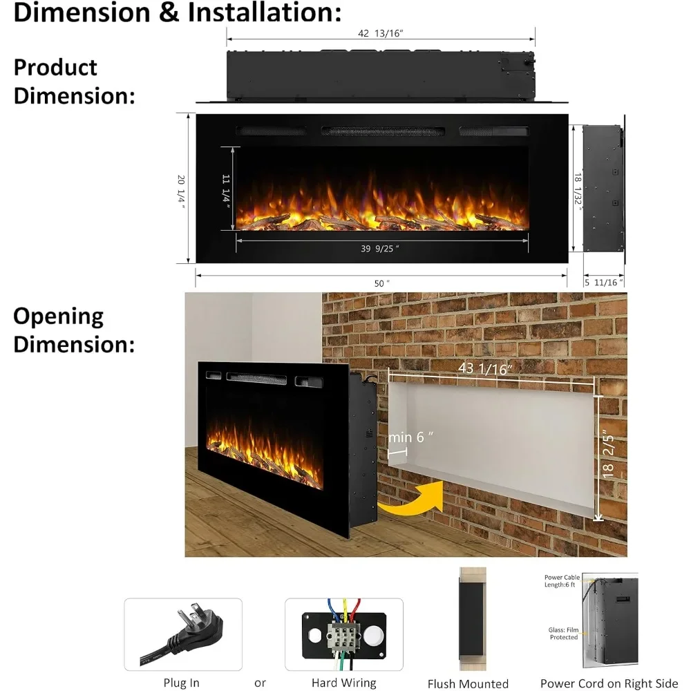 Perapian listrik tersembunyi, terpasang siram untuk kancing 2X6, Set Log & kristal, pemanas 1500W, kendali jarak jauh