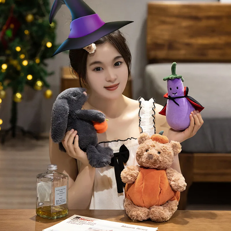 20-30Cm Schattig Halloween Pompoen Pak Bunny Pluche Poppen Gevulde Zachtbruine Teddyberen Oorbeschermer Cape Aubergine Halloween Decor Geschenken