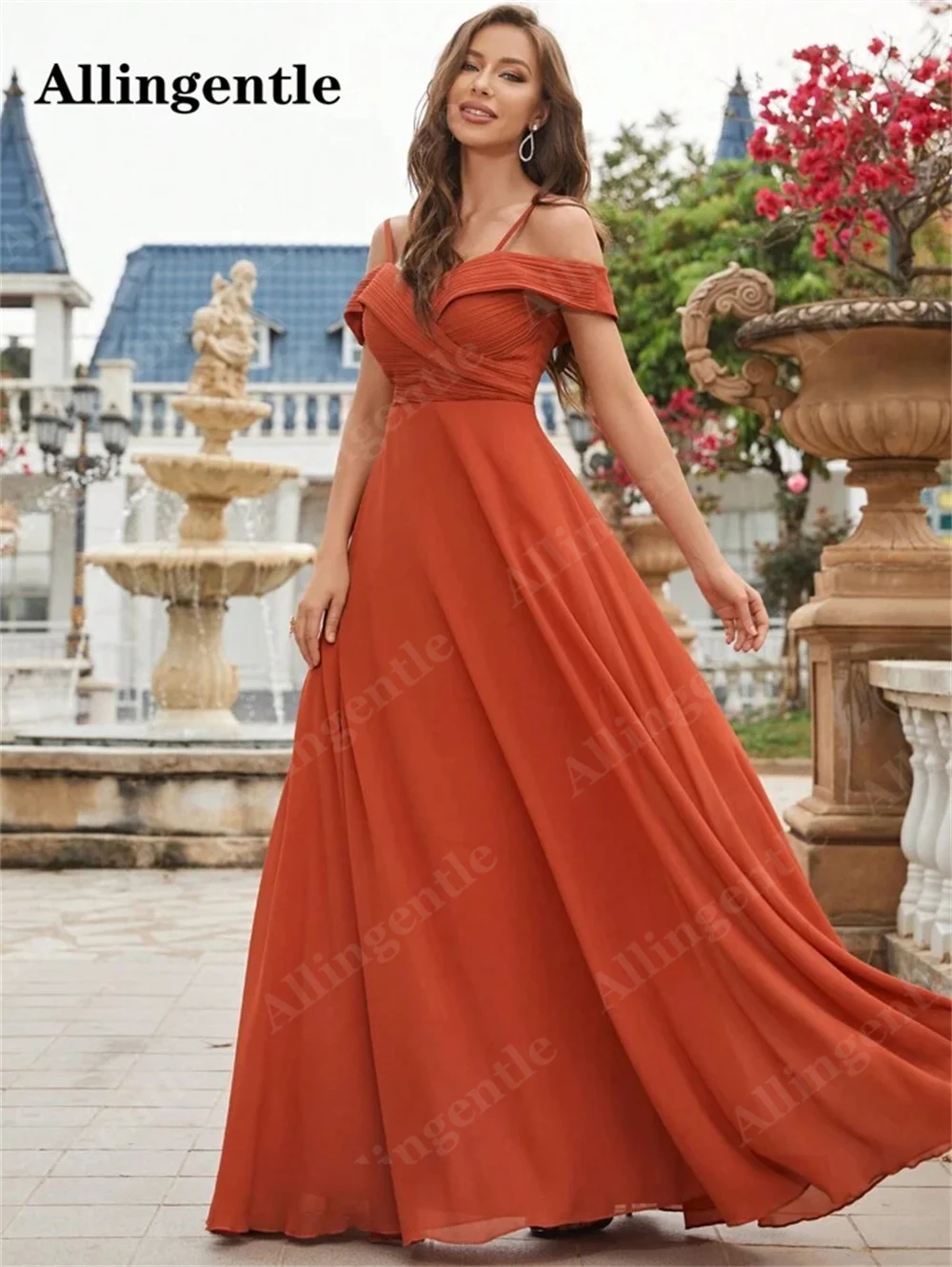 Allingentle Burnt Orange V-Neck Bridesmaid Dress Chiffon Spaghetti-Straps Cold Shoulder Ruched A-Line Floor Length Evening Gowns