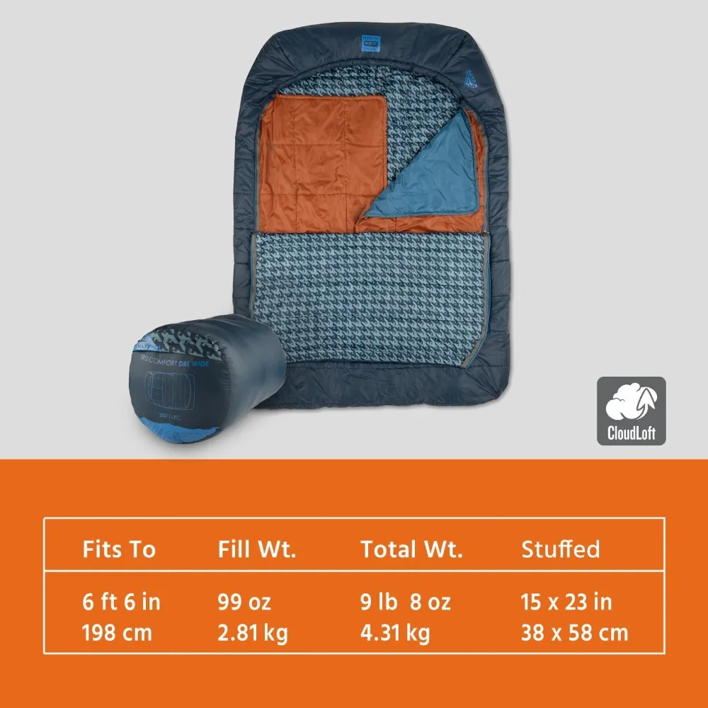 NEW -Tru.Comfort Doublewide 20 درجة كيس النوم، كيس النوم الاصطناعي لشخصين للتخييم للأزواج والتخييم العائلي - الأفضل