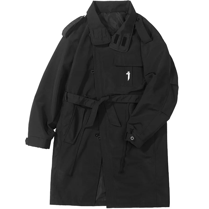 PFNW Autumn Tide Oblique Single-breasted Stand-up Collar Windbreaker For Men Loose Casual Workwear Long Coat Black Trench12C1470