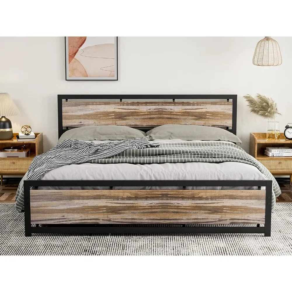 

IKIFLY California King Size Metal Bed Frame/Industrial Cal King Platform Bed with Wooden Headboard Footboard/Heavy Duty Steel Sl