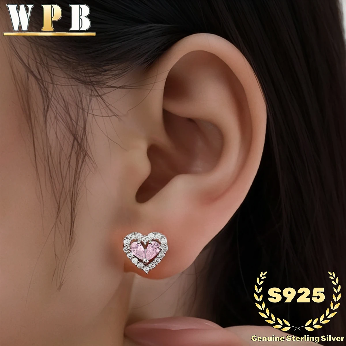 Stud Earrings S925 Sterling Silver Pink Heart Zircon Halo Prong Setting Valentine Anniversary Gift for Women Romantic Jewelry