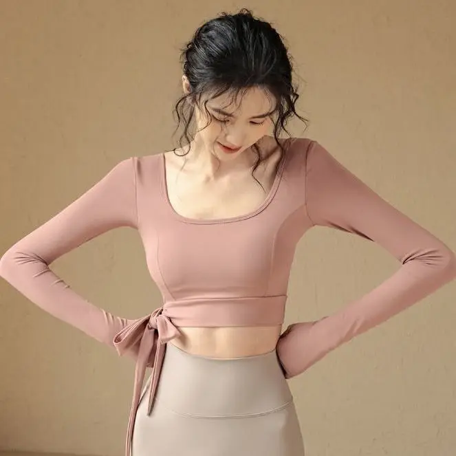 Pure Desire Sexy Yoga Fitness Clothes Long Sleeve T-Shirt Women with Chest Pad Pilates Short Top Tight Belly Button Exposure