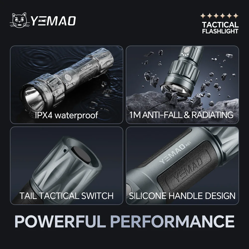 Linterna YEMAO-A81 6210LM, lig de búsqueda de carga USB-C, haz de 500 m, batería 21700, pantalla inteligente, resistente al agua IPX4, interruptor táctico
