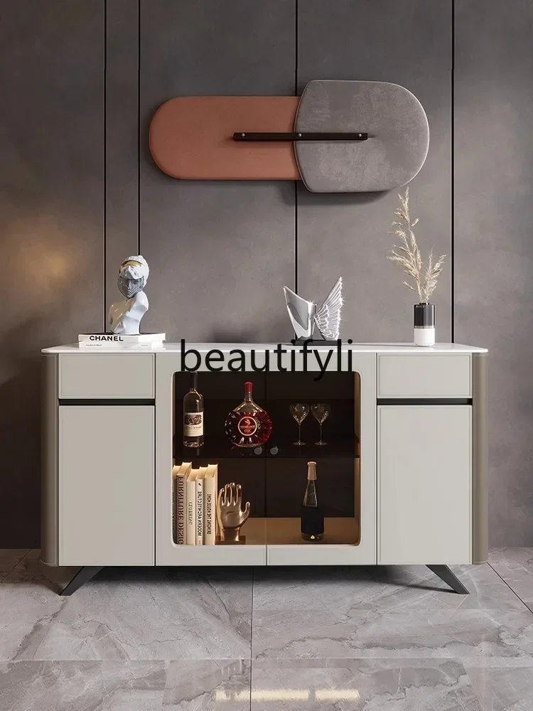 

qqMinimalist saddle leather dining side cabinet living room against the wall storage entrance wine cabinet solid wood tea cabin