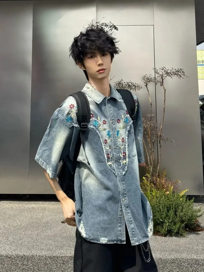 

Americana Vintage Distressed Denim Shirt Men Floral Embroidery Washed Fade Oversized Short Sleeve Unisex Casual Summer Top