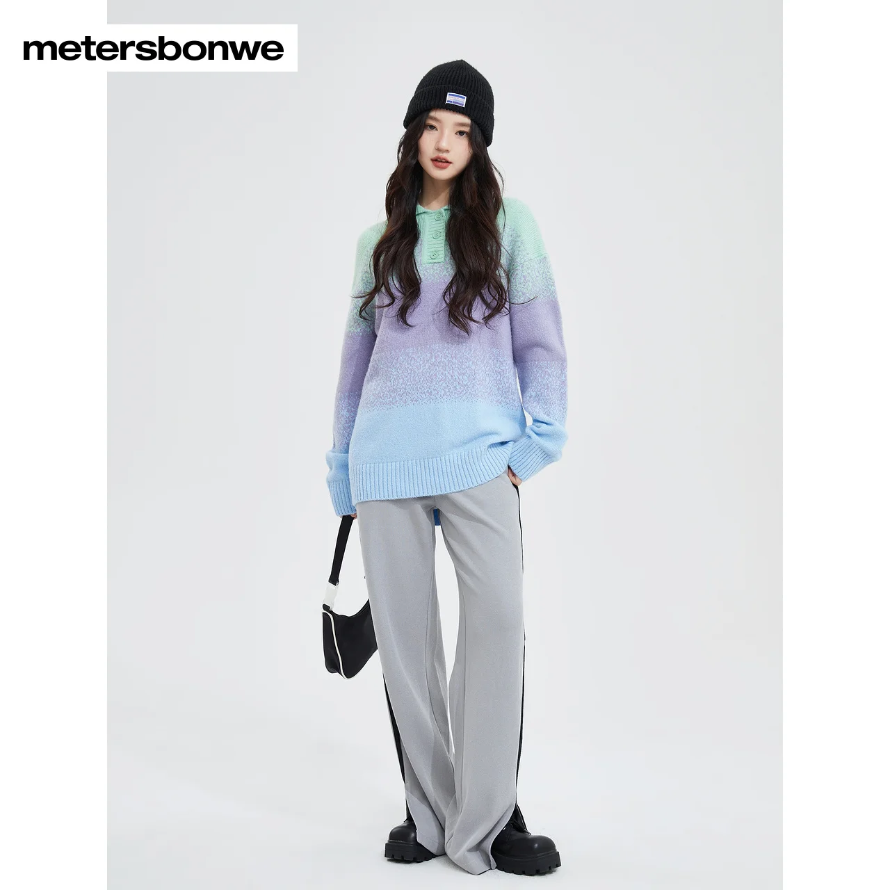 Metersbonwe-Women\'s Long-Sleeved Sweater Jumper Gradient Color Polo Collar Loose Soft Pullover Sweet Youth Girl Autumn