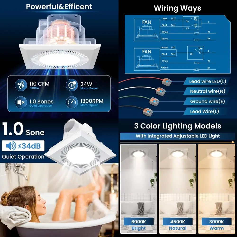 

Ultra-Quiet Square LED Bathroom Exhaust Fan with 3-Speed Light, 110 CFM, 1.0 Sones