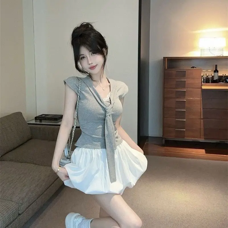 

Women Summer Korean Fashion Ribbon Ruffle T-shirt And High Waist Bubble Skirt Set Lace Trim Short Sleeve Crop Top