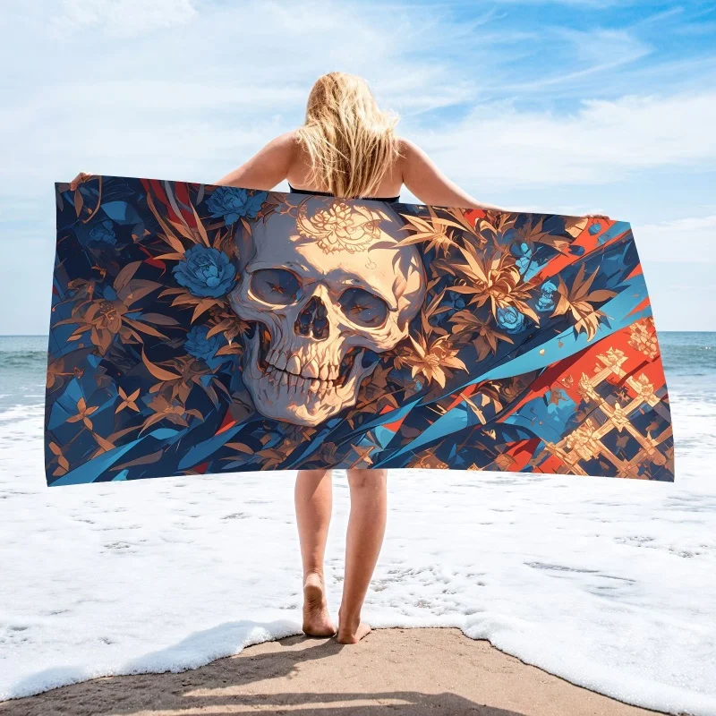 Newest Beach Towel Vintage Skull Blue Golden Floral Geometric Art Print Quick Dry Beach Towel Gothic Holiday Bath Towel