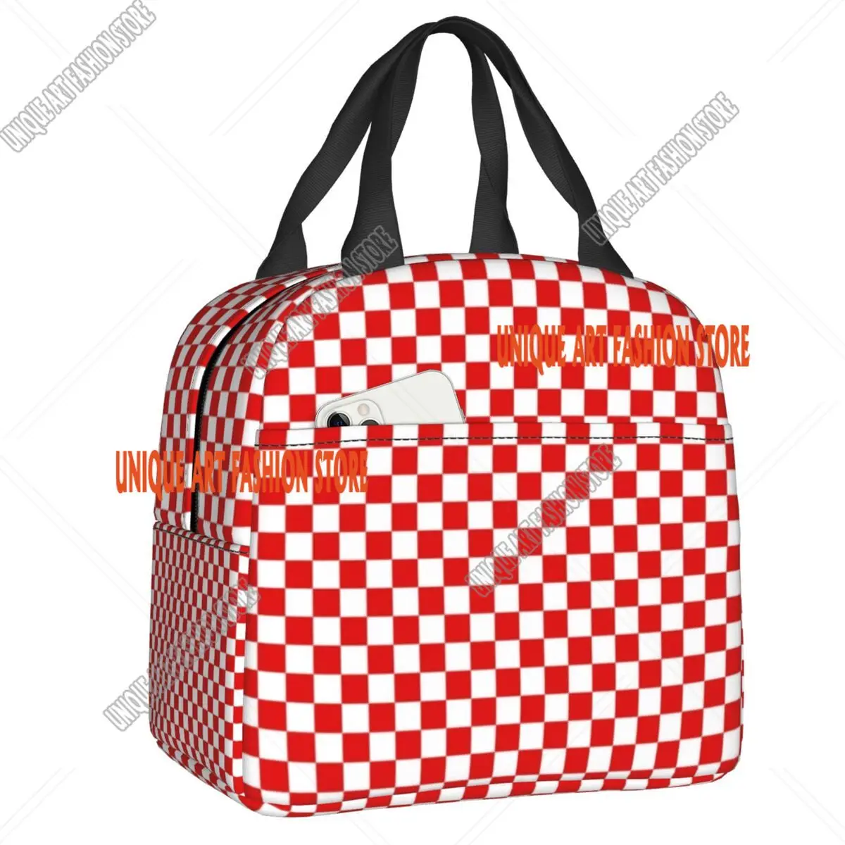 Custom Checkerboard Plaid Portable Lunch Box Women Waterproof Red And White Checker Thermal Cooler Food Insulated Lunch Bag