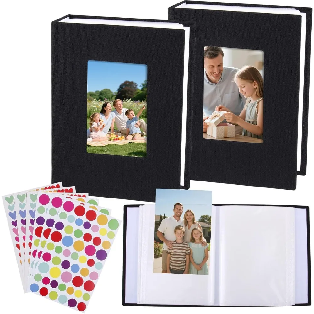 

2Pcs Small Photo Album 4x6 Photos Book, Linen Cover Mini Photo Book, 50 Page Holds 100 Pictures,with 6 Stickers, photobook