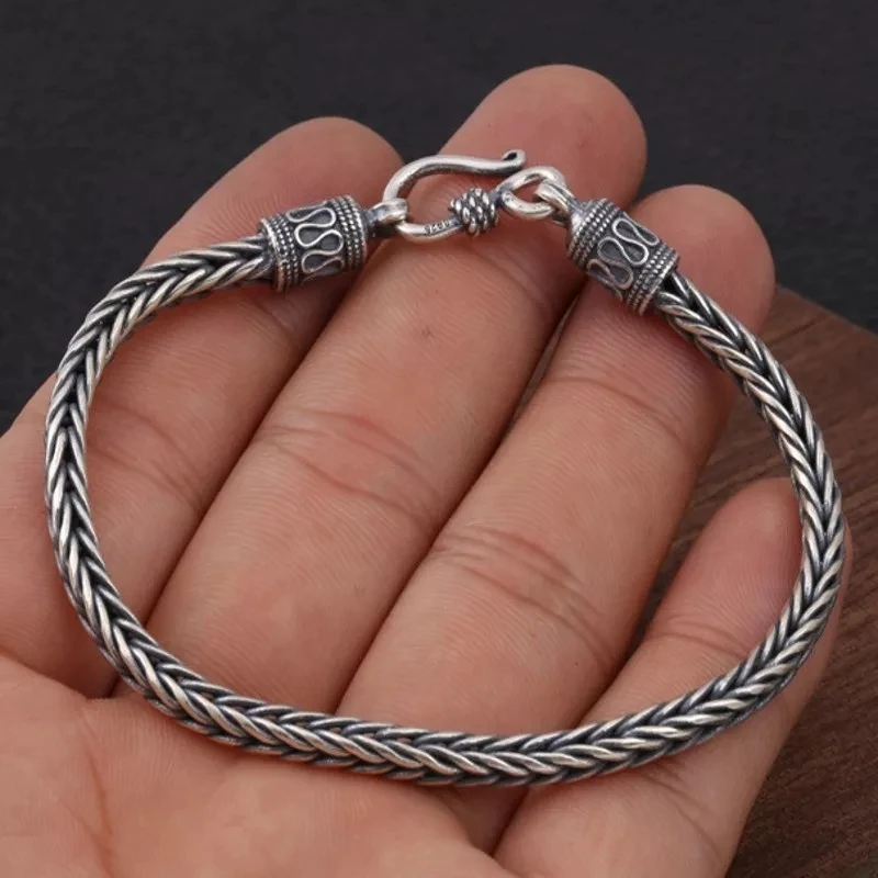 Vintage Twist Braided Square Cuff Bracelet Silver Plated Foxtail Chain Men's Bracelet Punk Casual Jewelry Gift