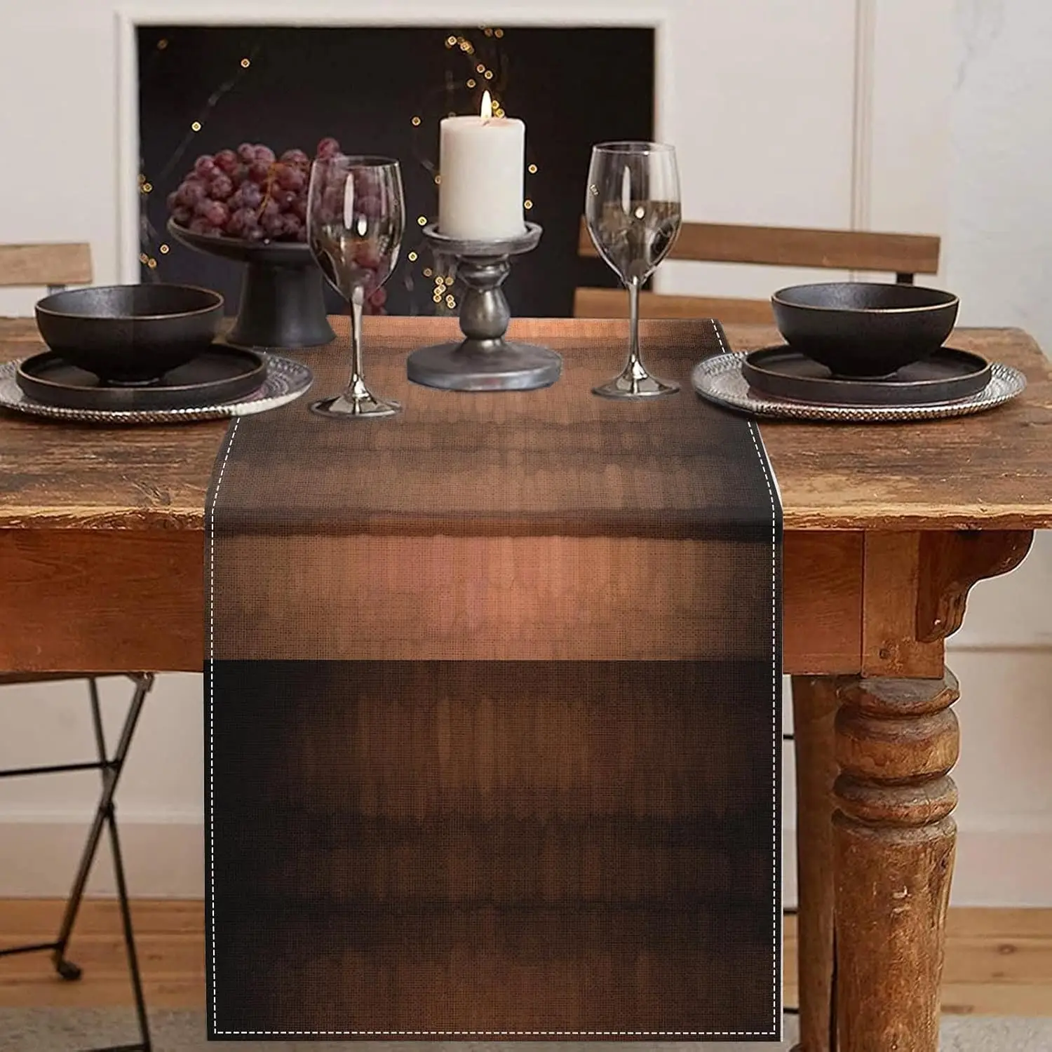 Brown Striped Table Runner - Abstract Copper Metallic Texture Rust Industrial Art Cover for Farmhouse Kitchen Dining