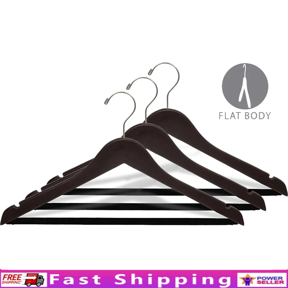 

Wood Suit Hanger Set of 25 Velvet Non Slip Bar 17 Inch Flat Wooden Hangers Espresso Finish Brushed Chrome Hook Notches