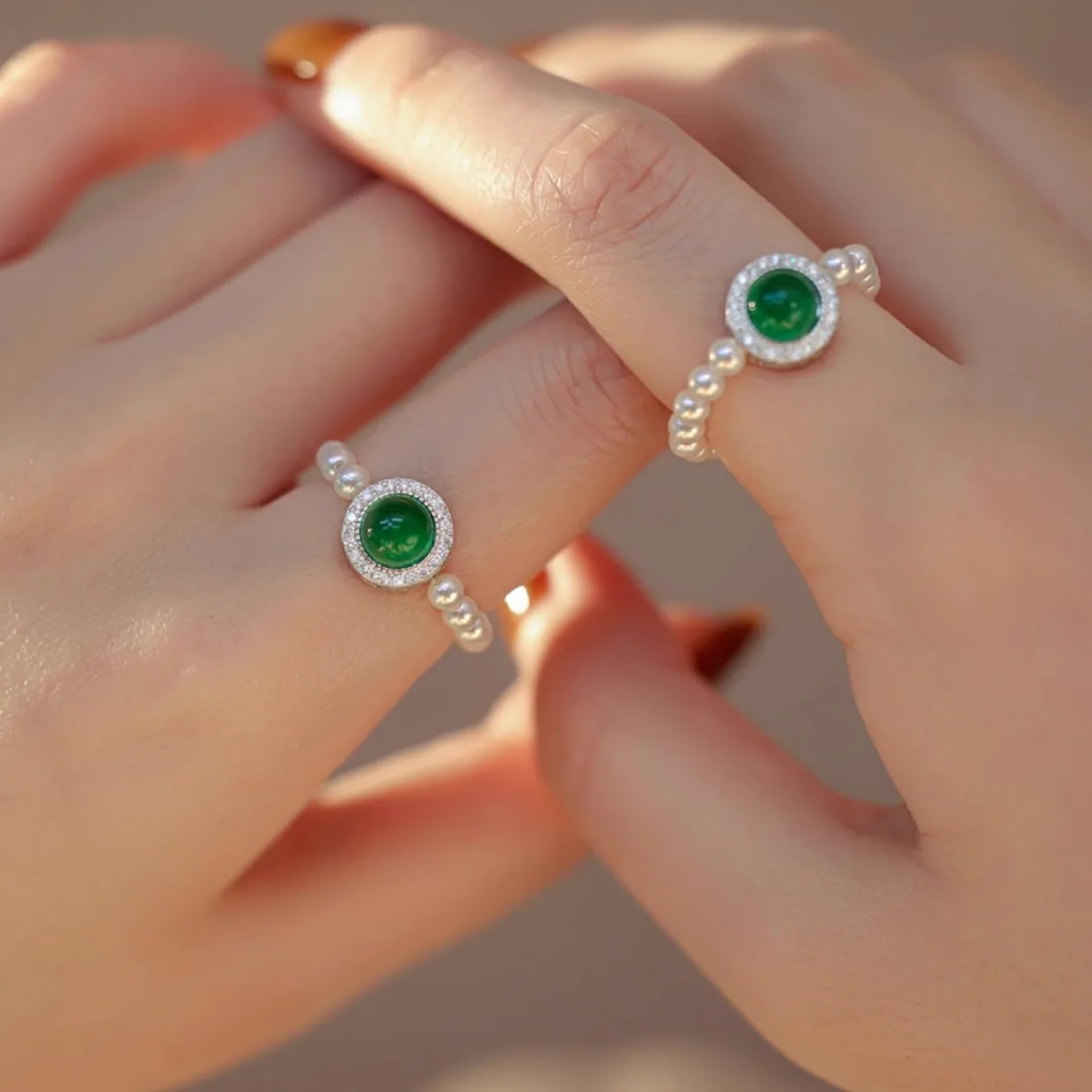 

925 Sterling Silver Green Crystal Rings For Women Pearl Bead String Design Sweet Elastic Jewelry Gift Dropshipping
