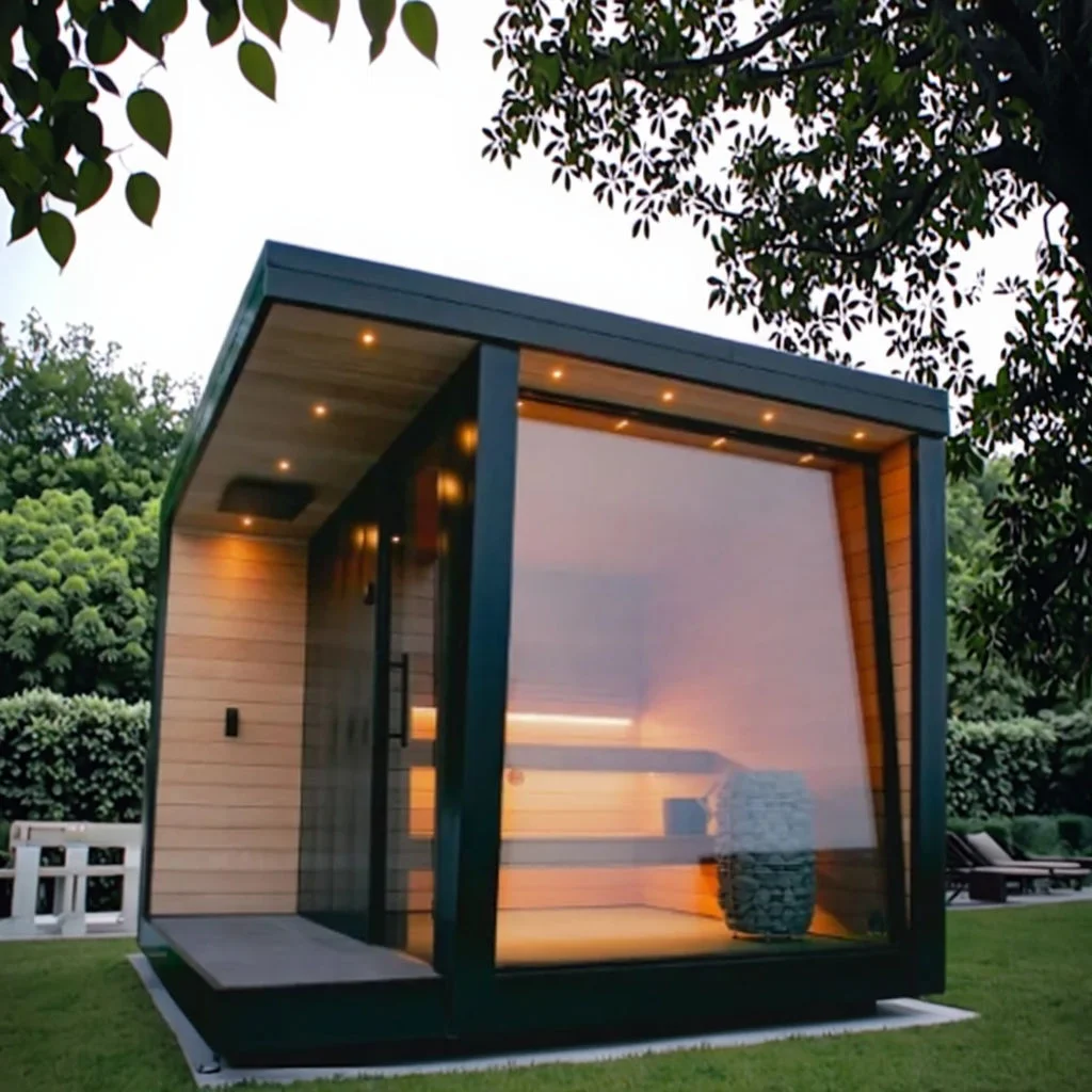 Luxury  6- Person Outdoor Black Square Sauna Room Spruce Cube Spa 6KW Heater with LED Outsider Sauna Room view 6