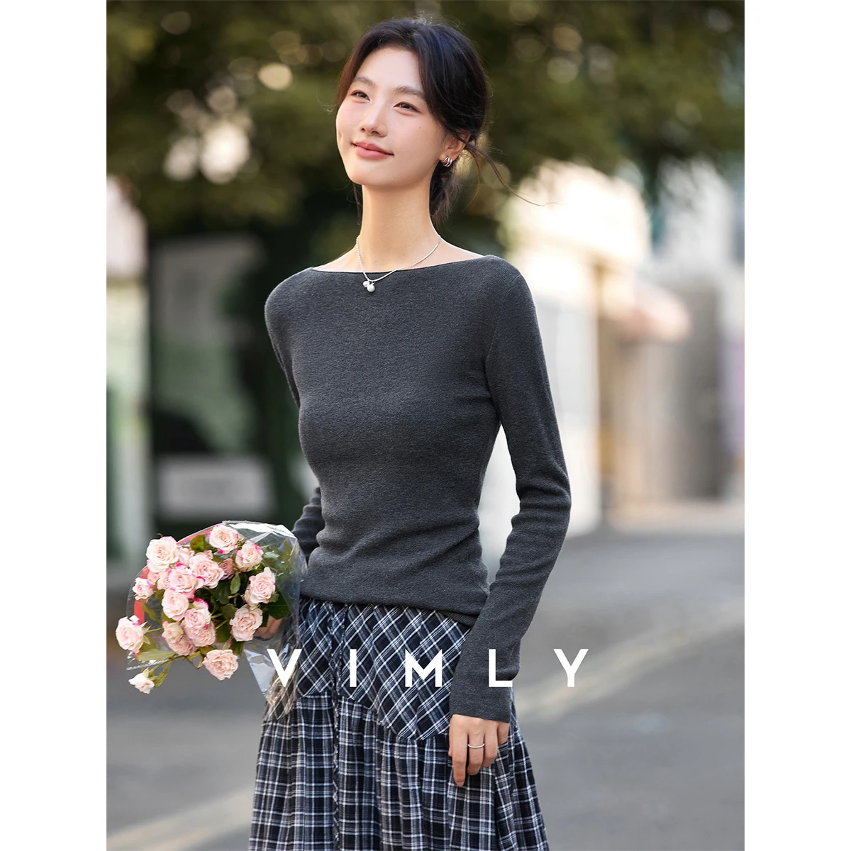 

Vimly Women's Knitted Pullover Sweater 2025 Autumn Slash Neck Long Sleeves Slimming Fit Jumpers Elegant Casual Knitwear 75192