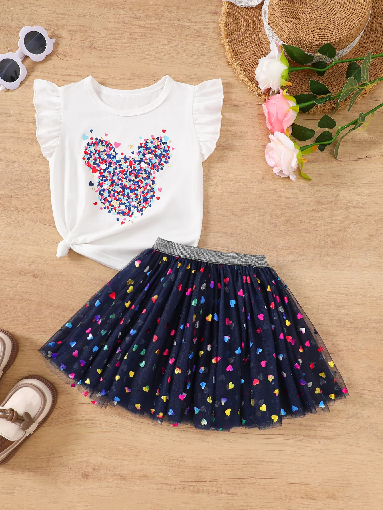 Summer toddler Girls' Clothing Sets Heart Print Short-Sleeved Tops Colorful hearts Tutu Skirt 2Pcs Outfits Valentine's Day Gift