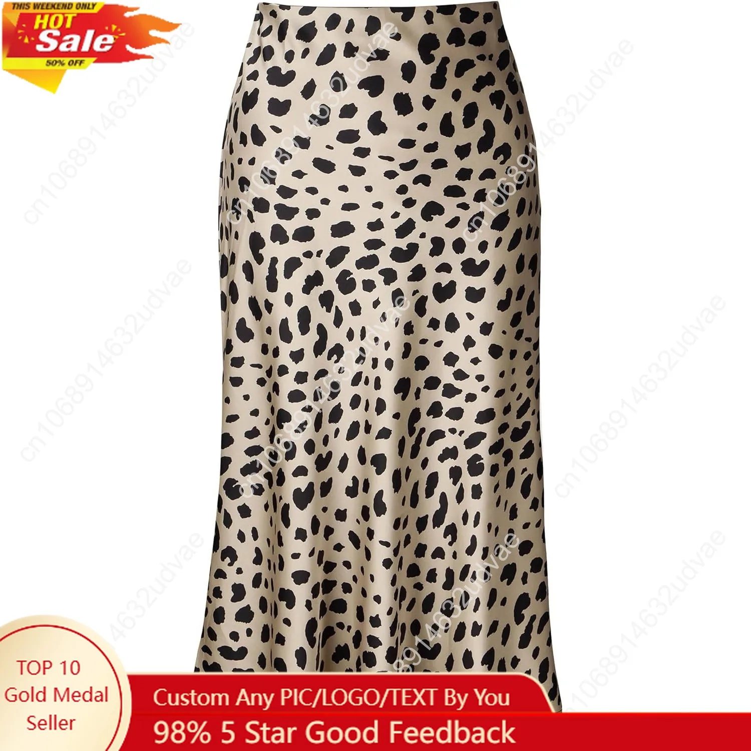 تنورة نسائية بطبعة الفهد ميدي طويلة الطول من الساتان الحريري بخصر عالٍ تنانير مرنة #1