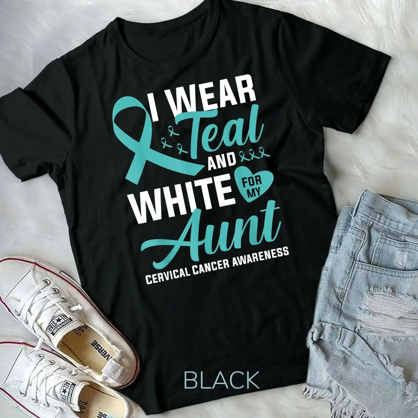 I Wear Teal And White For My Aunt Cervical Cancer T-Shirt Unisex Youth T-shirt