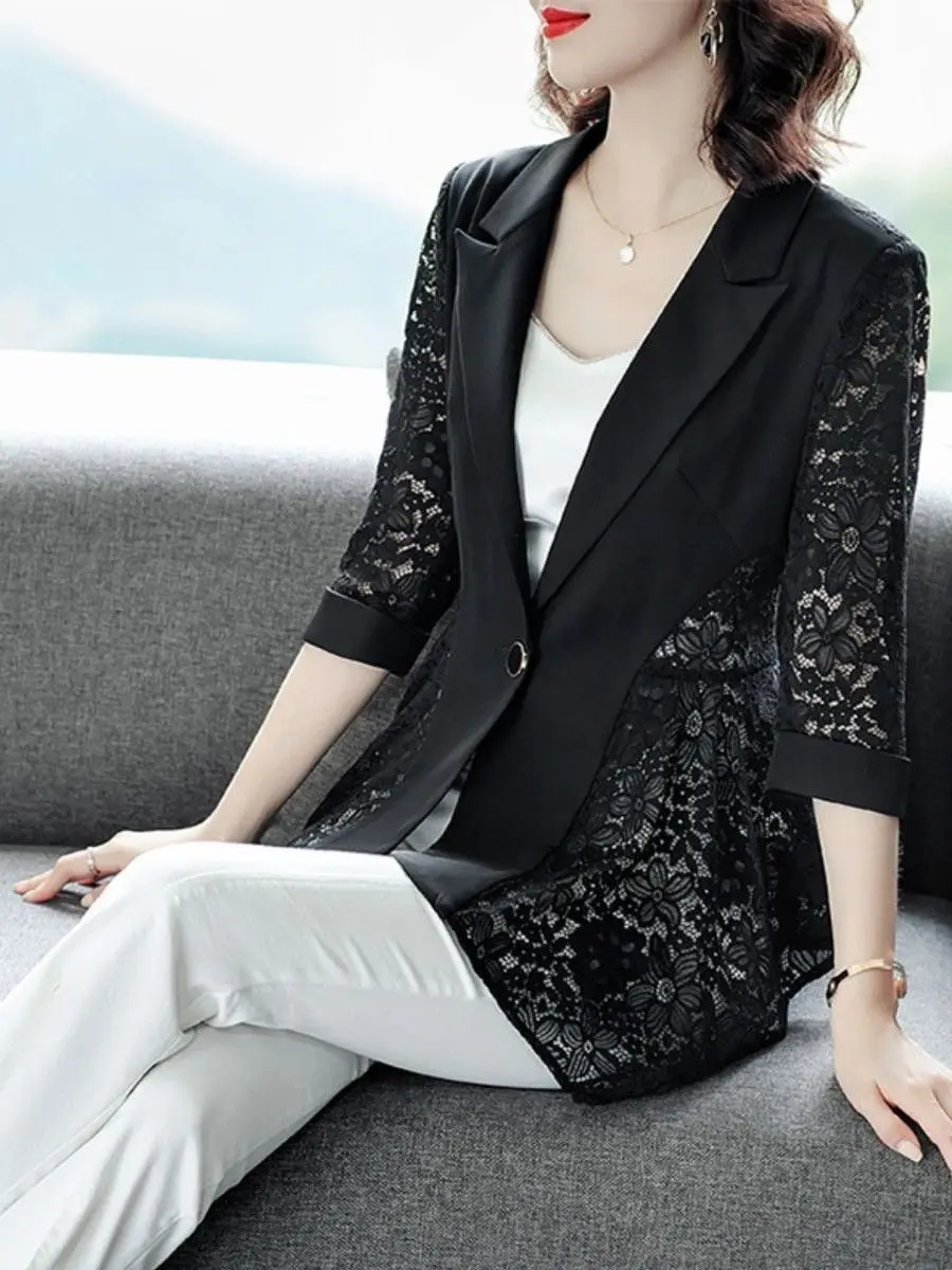 Slim Fit Lace Patchwork Thin Seven Sleeve Women's  Fashionable Spring Outerwear Polyester Fabric One Button Closure