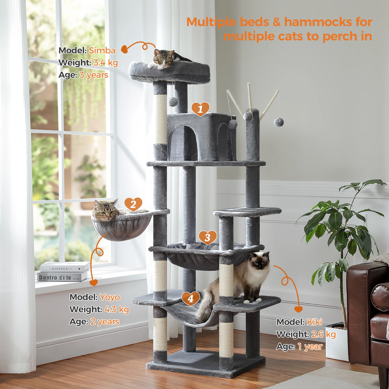 Deluxe Multi-Cat Tower Tree 175cm High 6-Tier Structure 56x46cm Base Fits 6 Cats Sisal Posts 3 Hammocks Cozy Condo & Play Ball