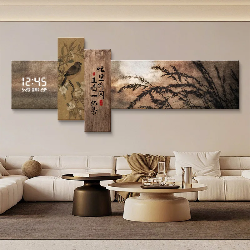 Medieval style decorative paintings, electronic clocks, new Chinese style plant hanging paintings, clock wall lamp paintings