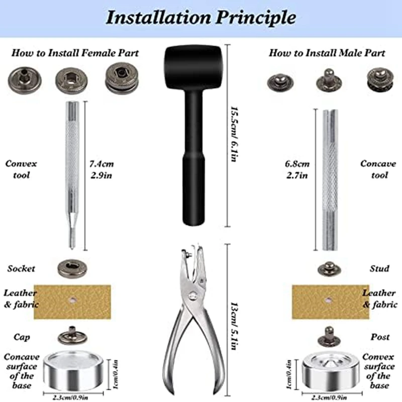 Kit de fixadores de pressão de couro, 120 conjuntos de botões de pressão de metal com 6 ferramentas de configuração, para roupas, pulseiras, jaquetas