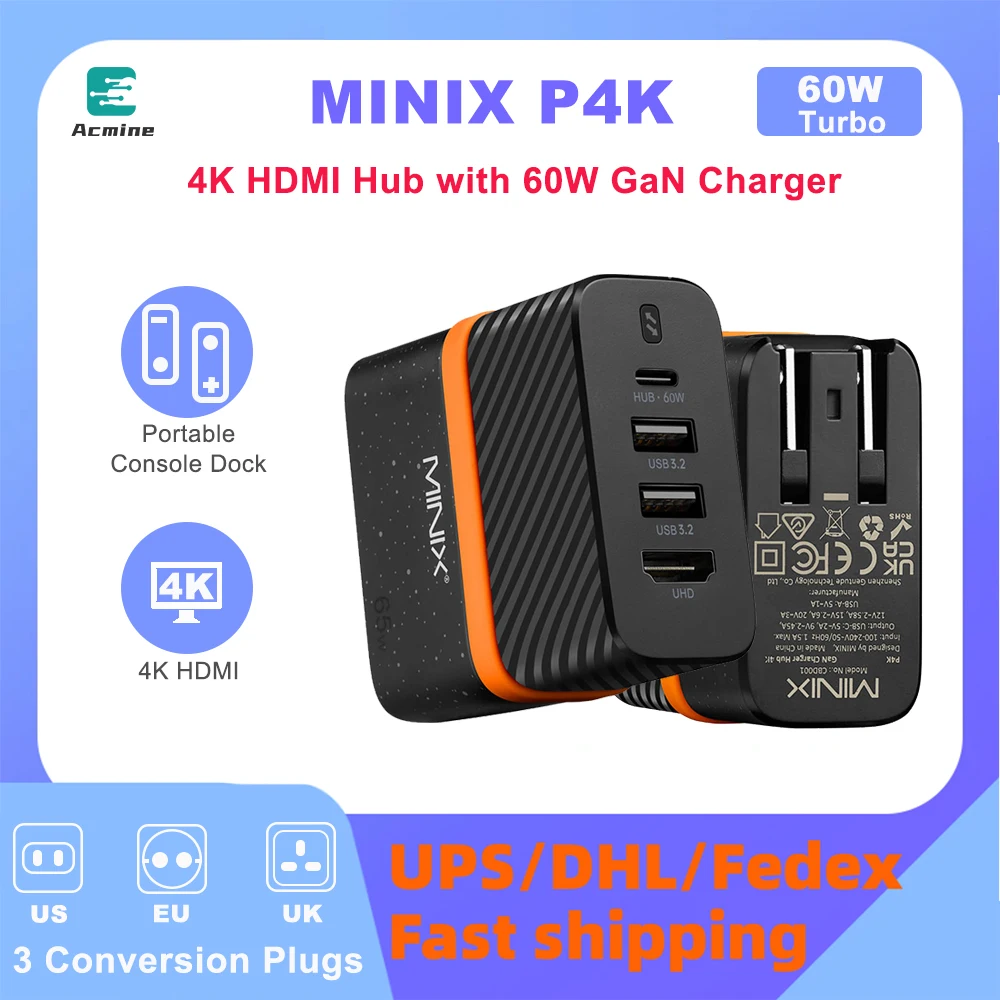 

MINIX P4K 60w GaN Travel charger office hub 4K For phone tablet laptop console