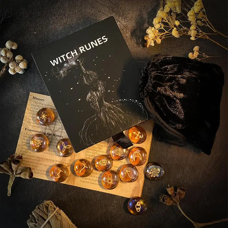 Witch Runes 13 Pcs Glass Divination Runes With Instruction Pouch Witch Supplies Multifunctional Handicrafts Tools Portable