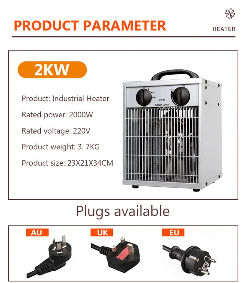 2KW Industrial Heating Fan Adjustable Temperature Control Air Warmer Hot Wind Blower Farm Greenhouse Heater Commercial Household