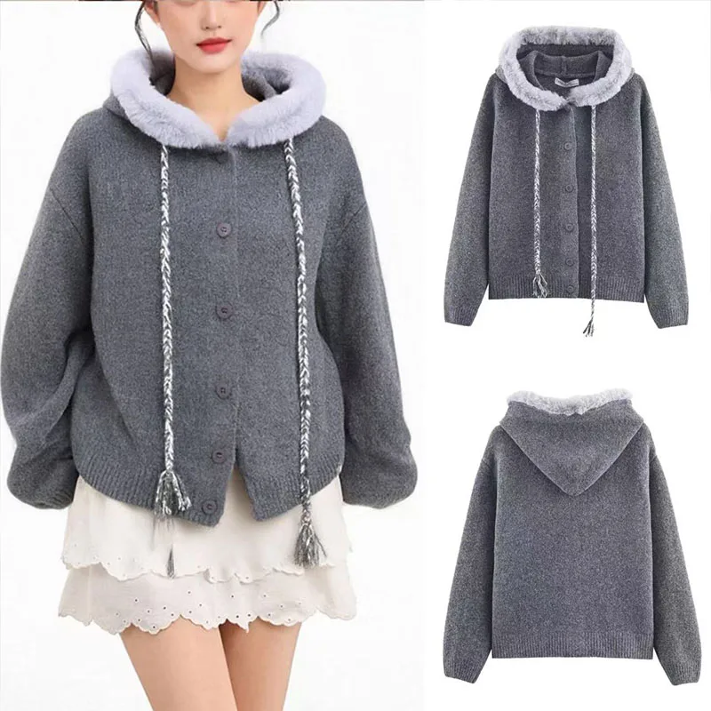 سترة نسائية محبوكة جديدة لشتاء 2025 بقلنسوة من القطيفة ورباط وشرابة #1