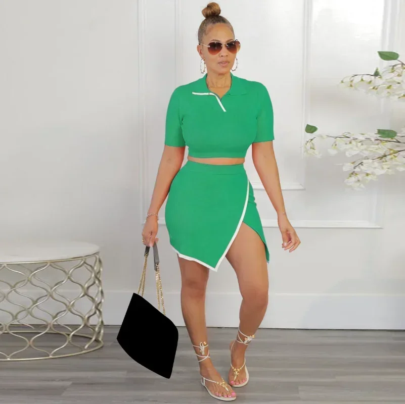 

GUWU Knit Ribbed Women White Side Slit A-line Mini Skirt Suit and Pole-neck T-shirt Summer Street Outfit Two 2 Piece Set