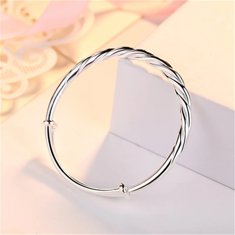S999 Solid Sterling Silver Twist Bangle For Women Adjustable Push Pull Twisted Woven Silver Bracelet Hypoallergenic Fine Jewelry