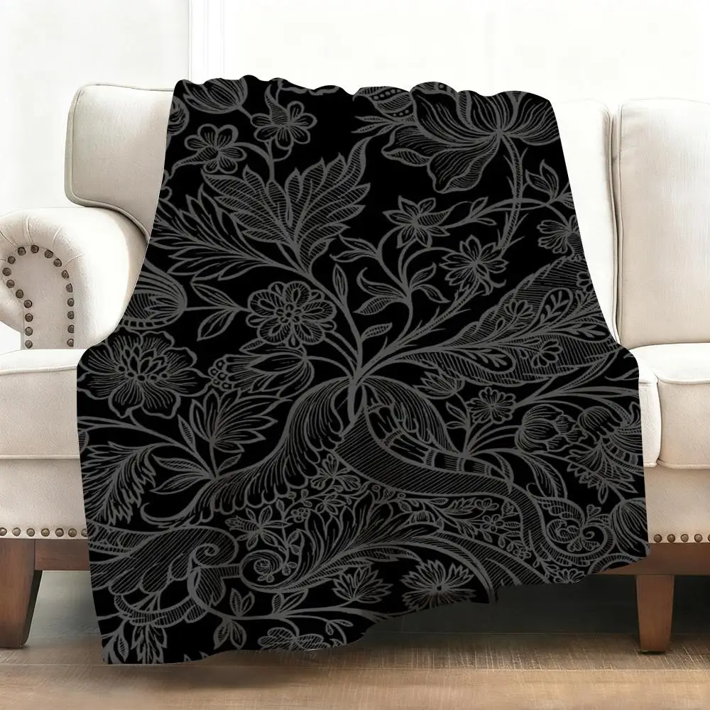Luxuriöse schwarze Blumen-Überwurf, weiche Flanelldecke, warmes Knie, hautfreundlicher Überwurf für Sofa, Büro, Bett, Reisen, Winter, Übergröße