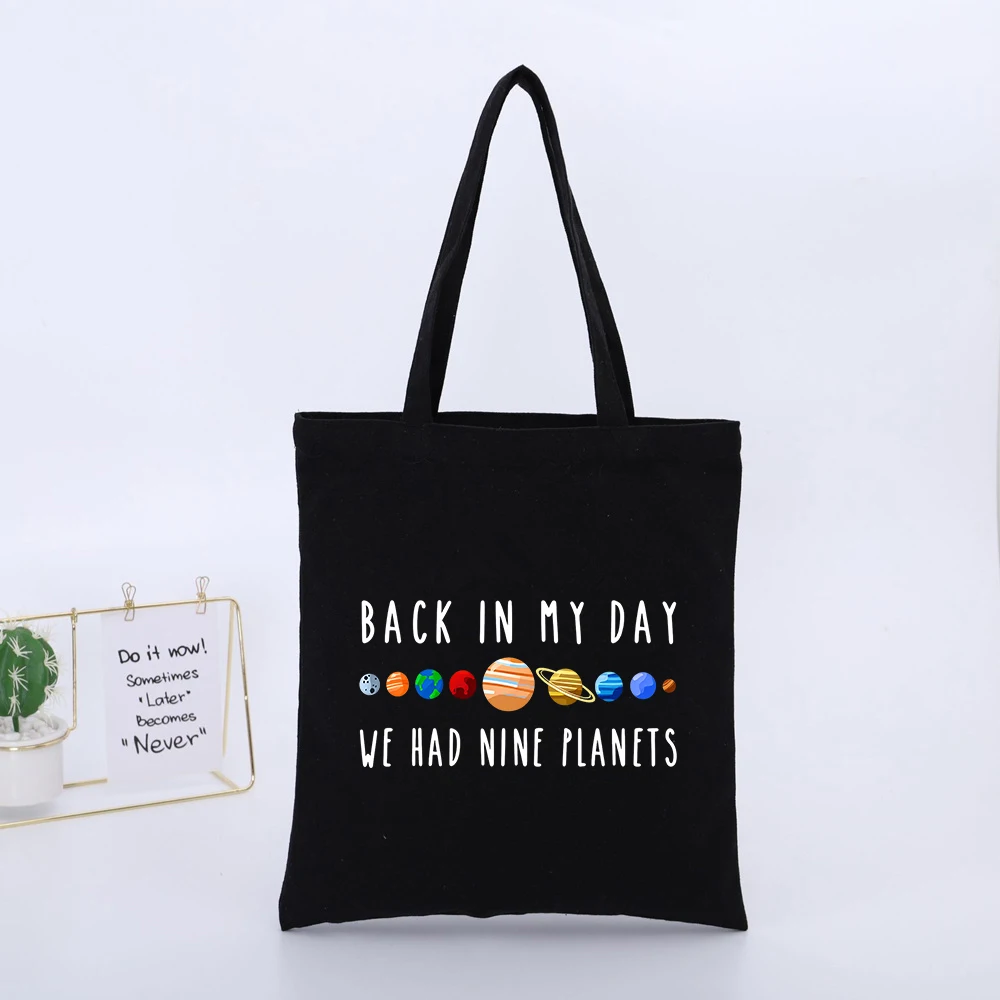 Unisex Solar System Print Canvas Tote Bag, Retro Typography Design for Daily Shopping and Casual Outings