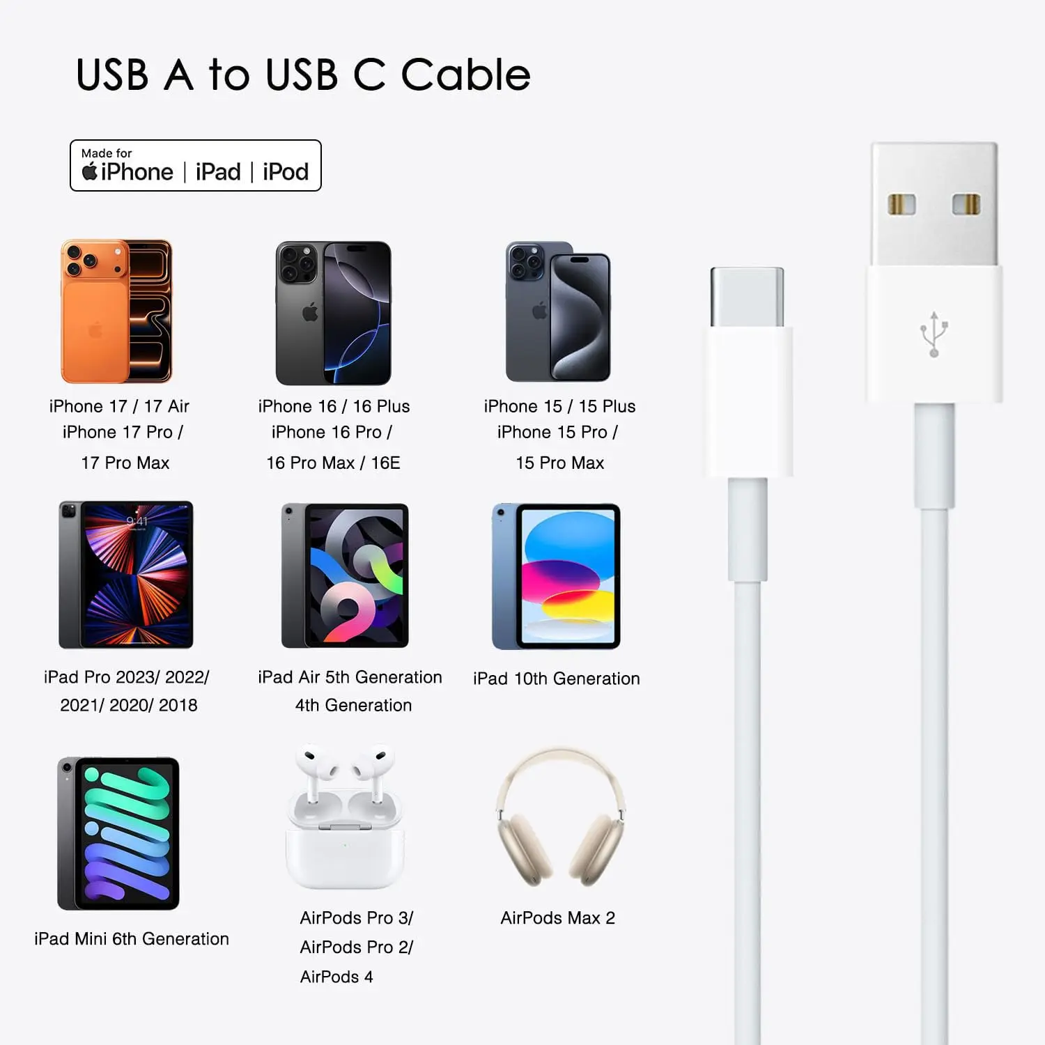 USB A إلى USB C شحن سريع ونقل كابل 2.4A شحن أمان 1 متر 2 متر آيفون 17 16 برو ماكس بلس سامسونج هواوي شاومي