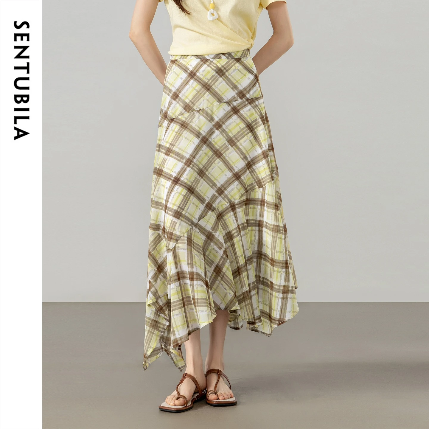 SENTUBILA Women's Summer Plaid Skirt 2026 New Irregular Yellow Long Mermaid Skirt Ladies Clothes Daily Outfit 162QK7007