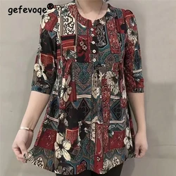 Roupas femininas Casual Vintage Floral Print Estilo Étnico Ice Silk T-shirt Verão Moda O Pescoço 3/4 Manga Solta Túnica Senhoras Tops