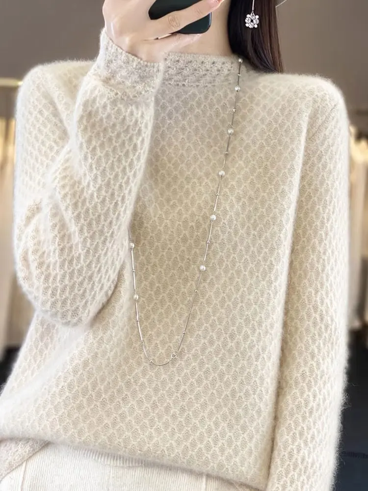 

Ele High-End Knitted Sweater f High Collar Heavy Embroidery Hollow out Long Sve Warm Inner irt for Women